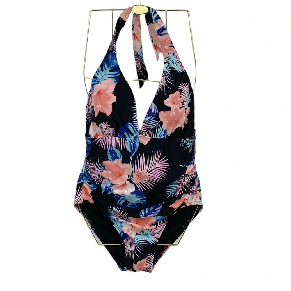 DKNY One Piece Swimsuit Women Size XL Black Pink Floral Halter Tie Neck Swimwear